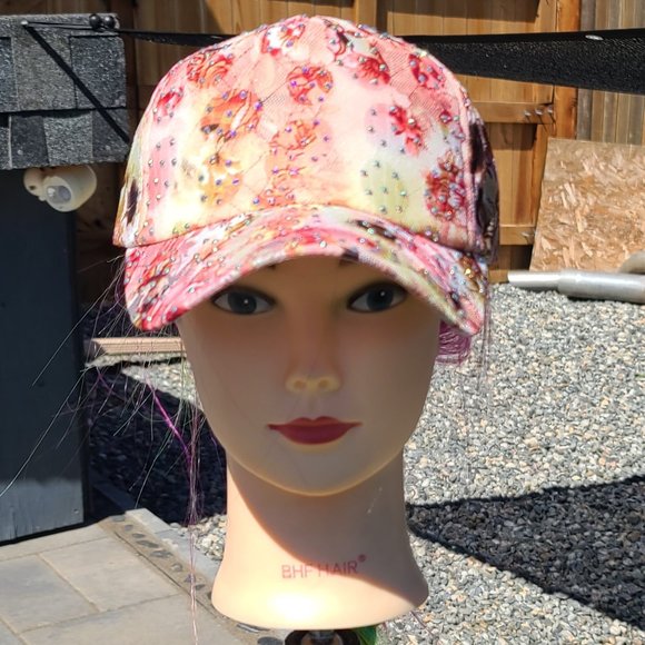 New Ladies Peach Flower BLING Hat - Picture 1 of 4